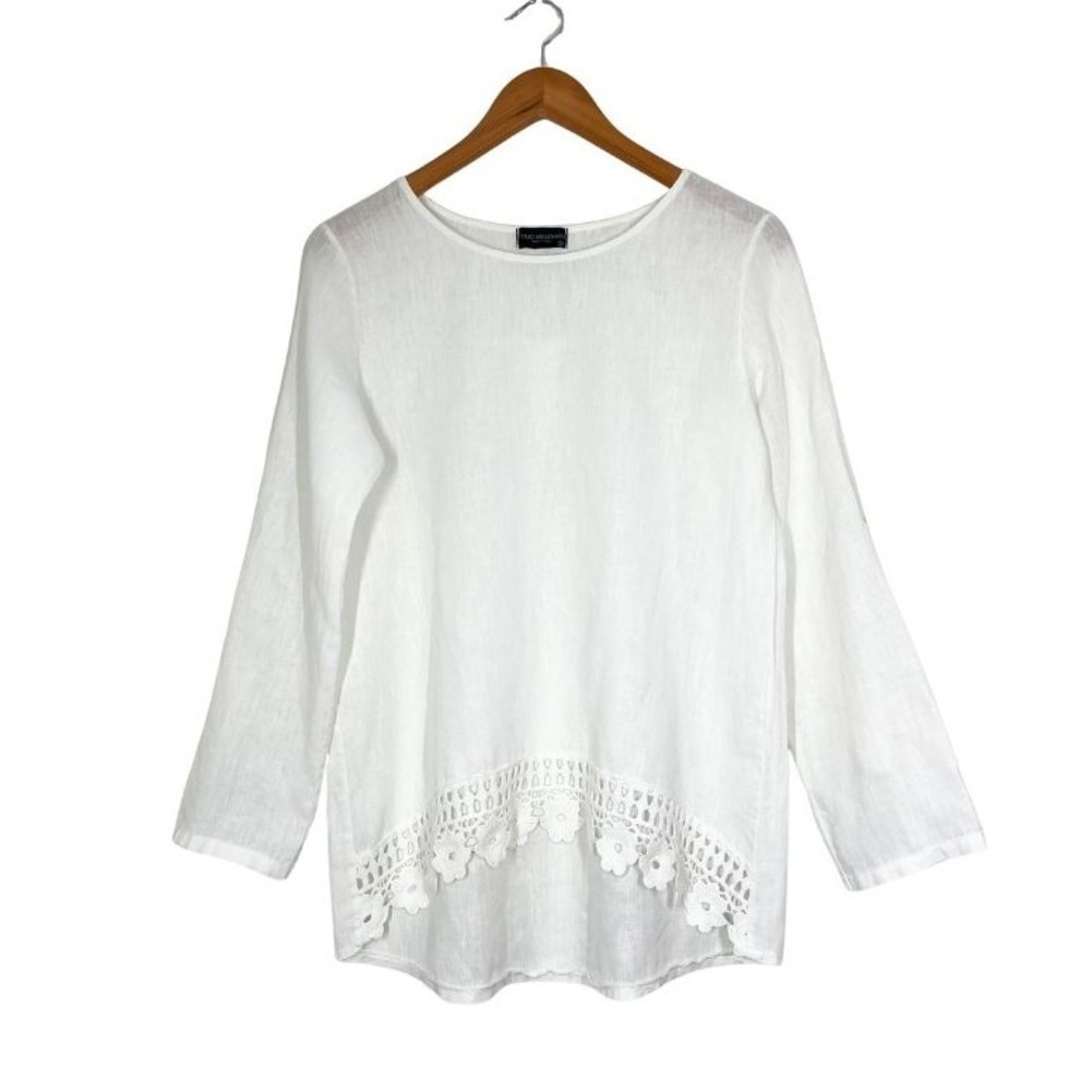 erzo Millennio Made in Italy‎ Women's White Linen Blouse Top Sz S Crochet Hem